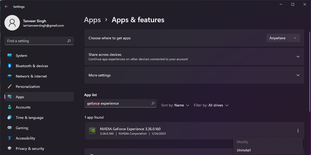"Apps & features" section in Windows Settings. 