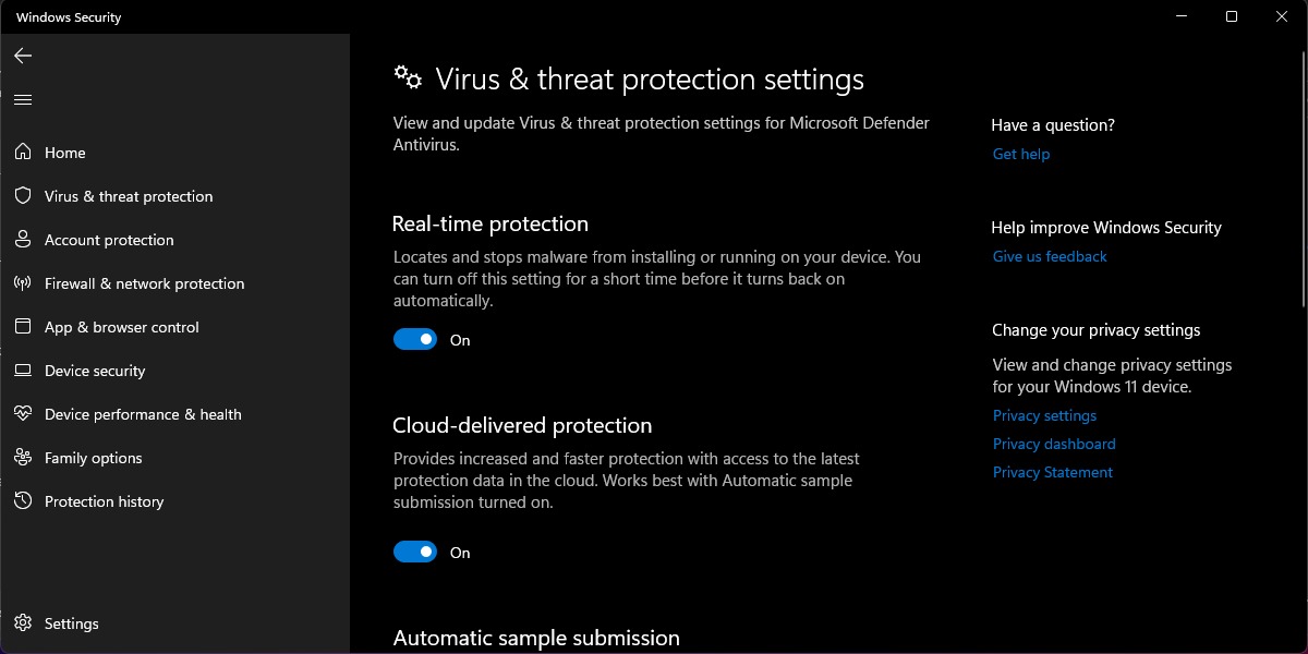 Disabling "Real-time protection" in Windows Security.