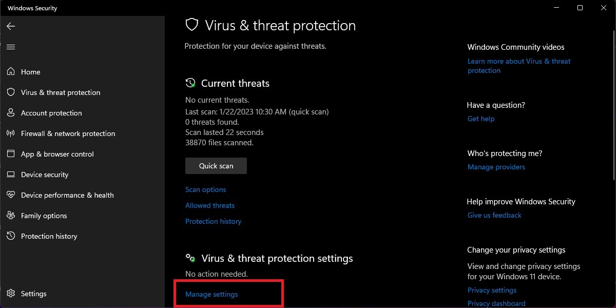 Virus & threat protection options. 
