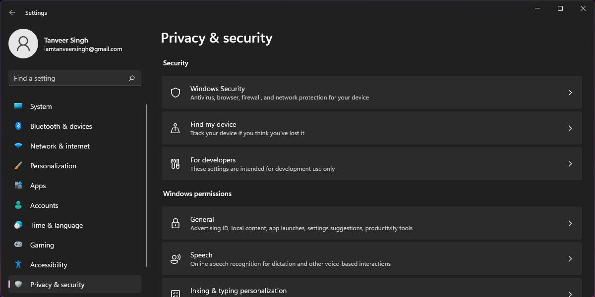"Privacy & security" section in Windows Settings.