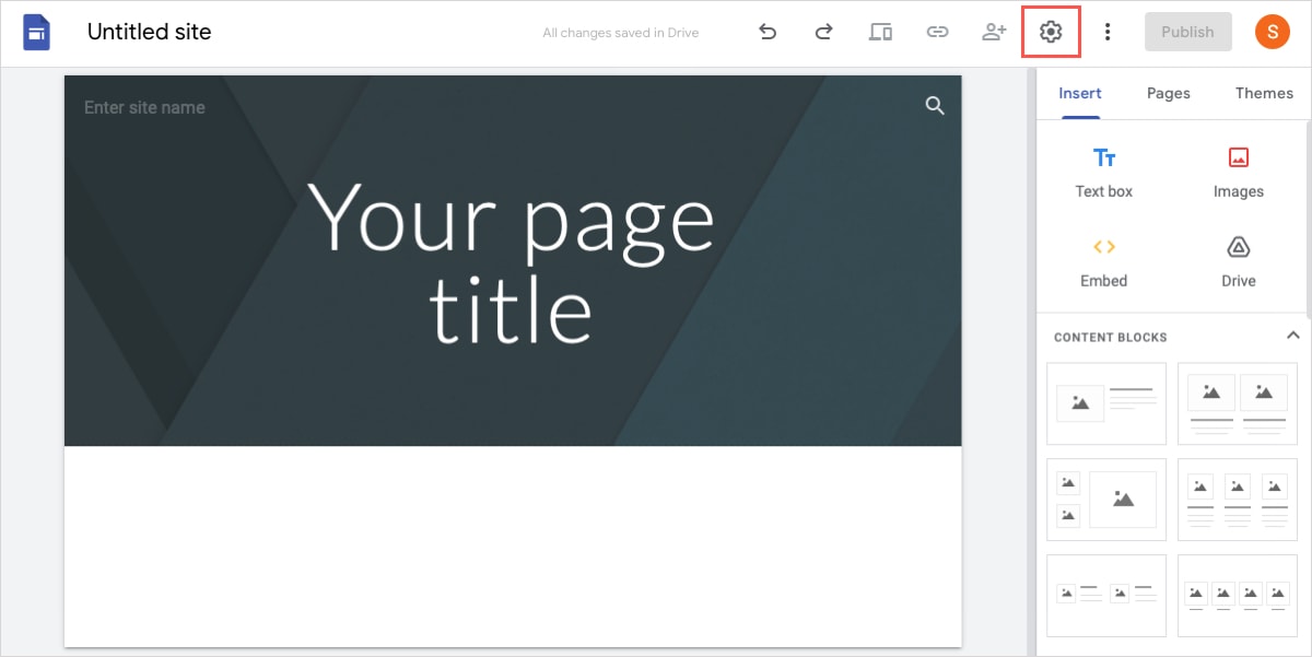 Google Sites gear icon