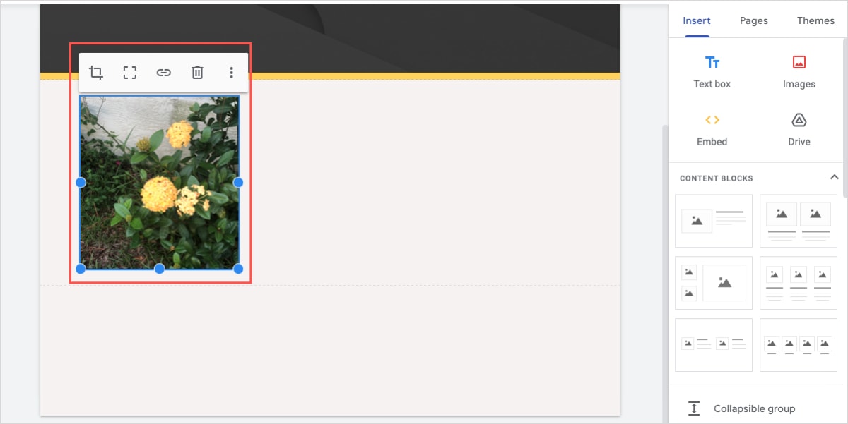 Google Sites image format toolbar