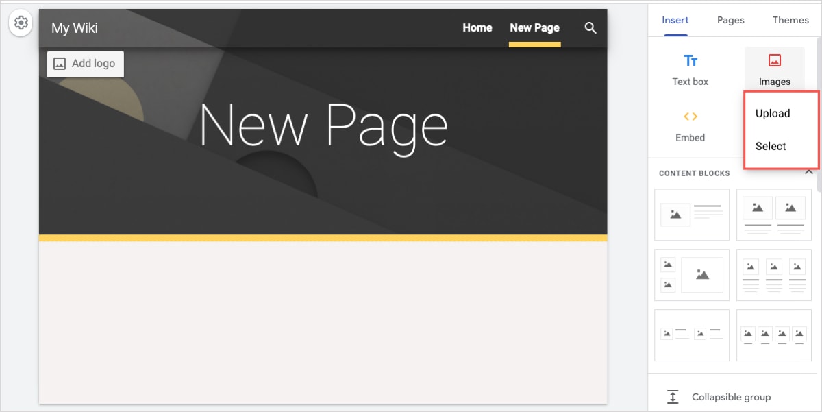 Google Sites image Upload or Select
