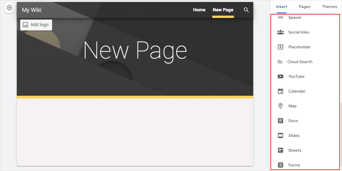 Google Sites other Insert tab options