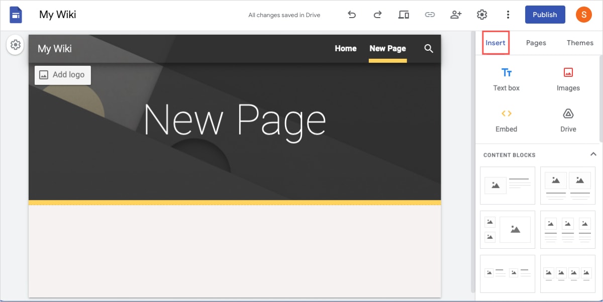 Google Sites Insert tab