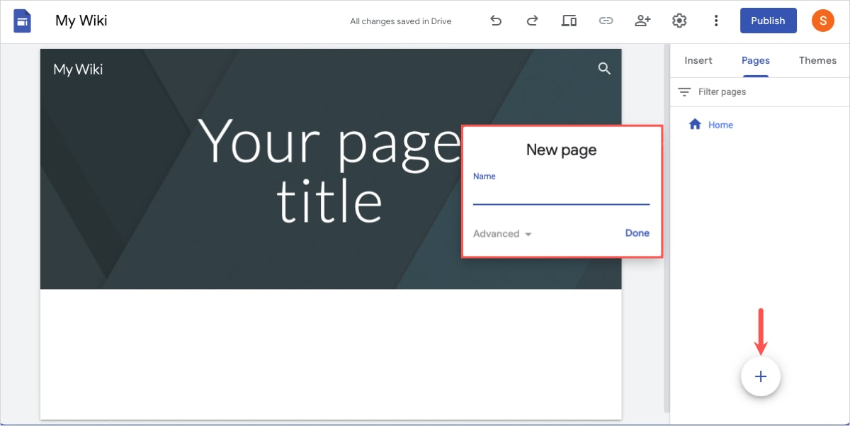 Google Sites new page and name