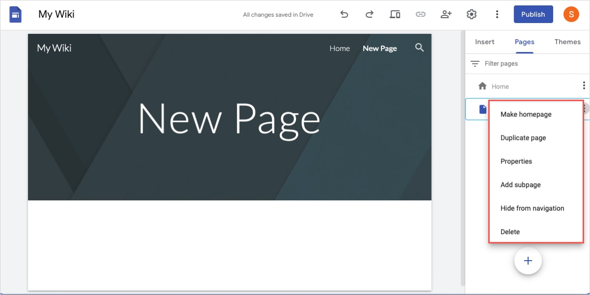 Google Sites page actions