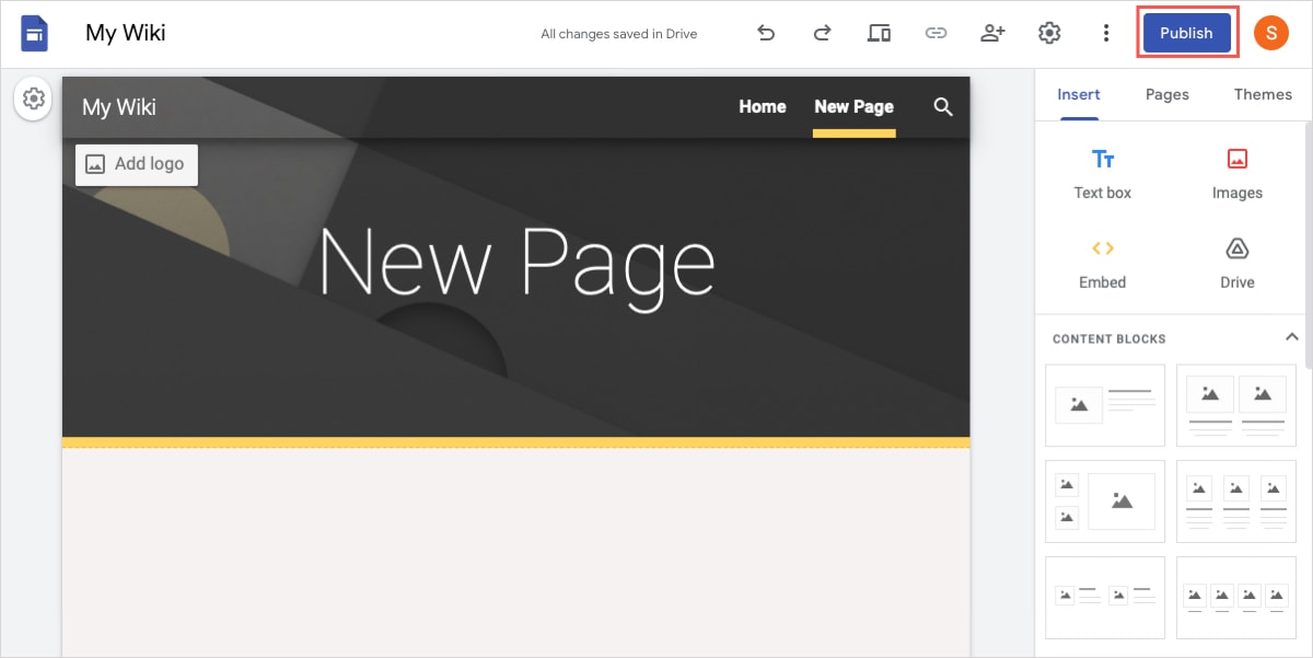 Google Sites Publish button