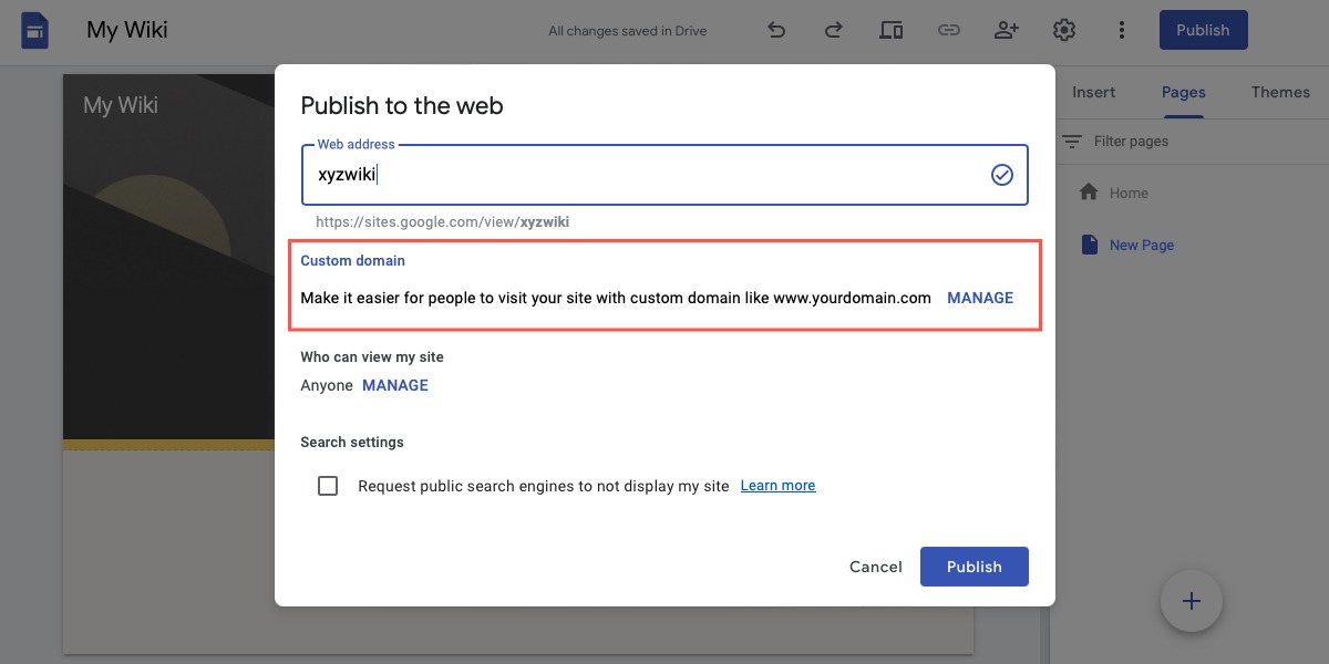 Google Sites Custom Domain section