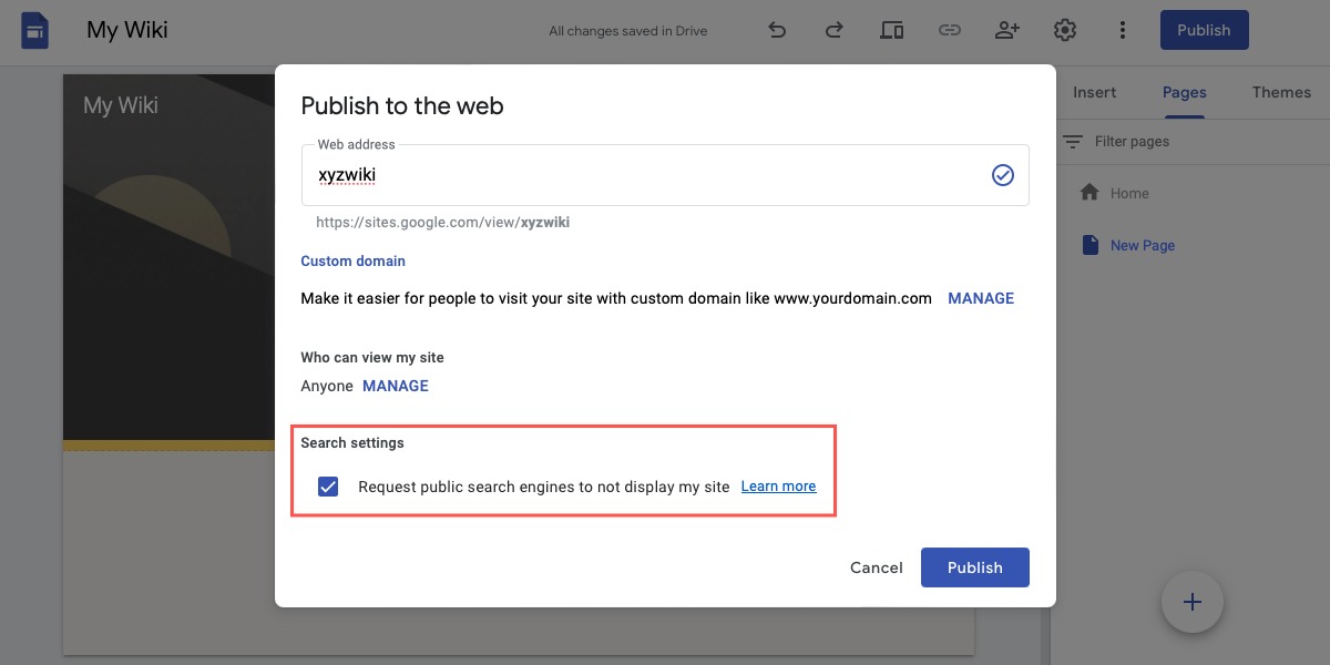 Google Sites Search Settings box checked