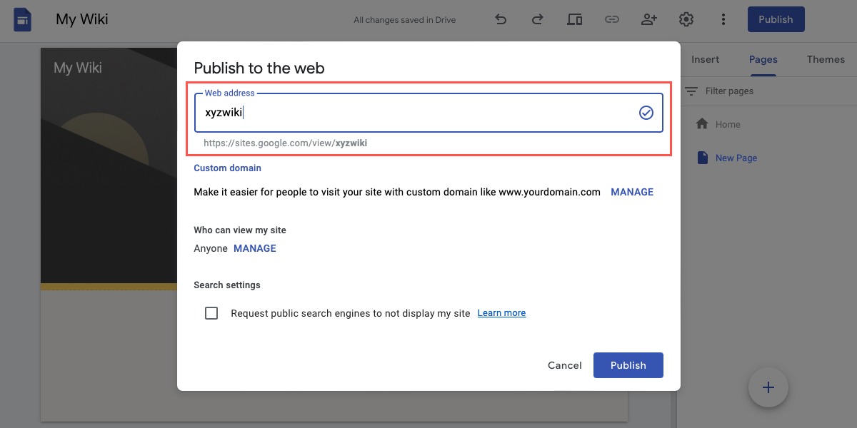 Google Sites URL field