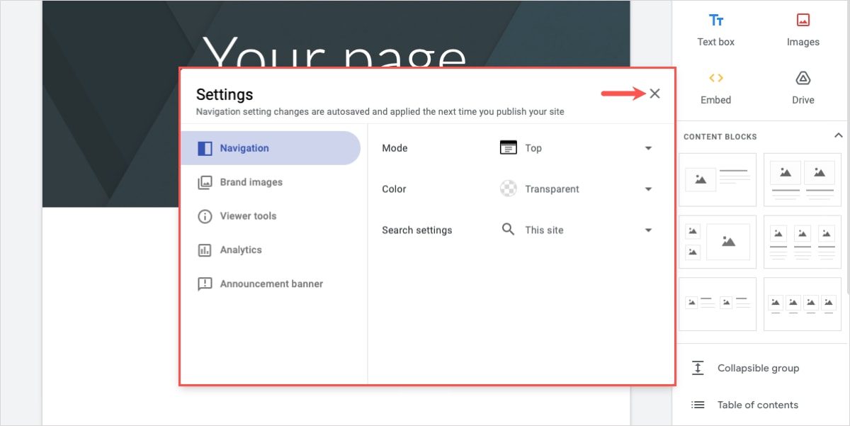 Google Sites close the Settings