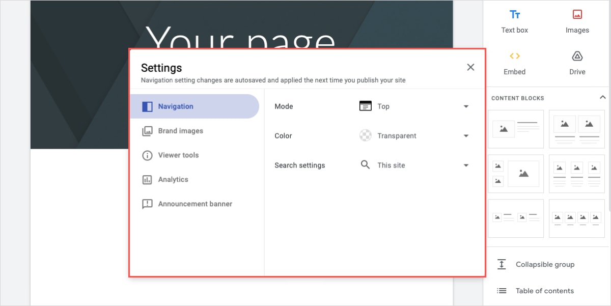 Google Sites Settings