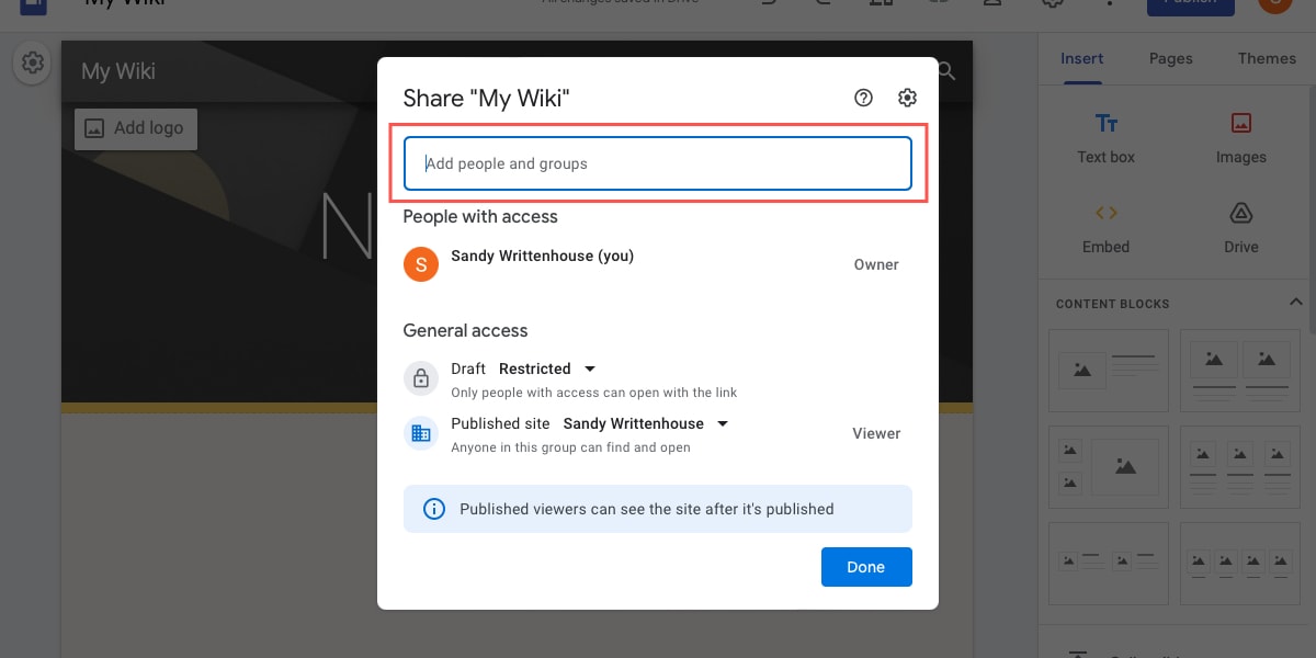 Google Sites Share Add a contact field