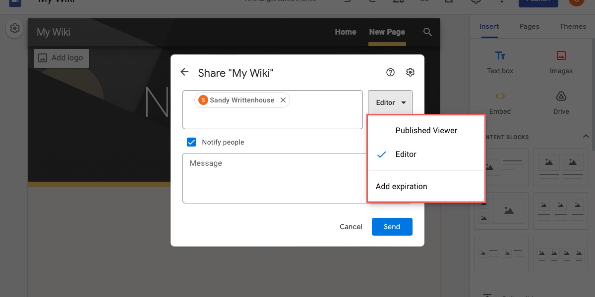 Google Sites contact permission