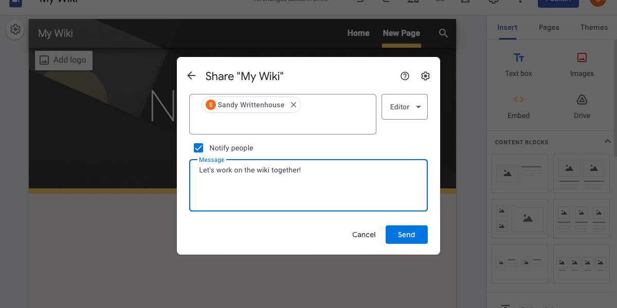 Google Sites send invite box