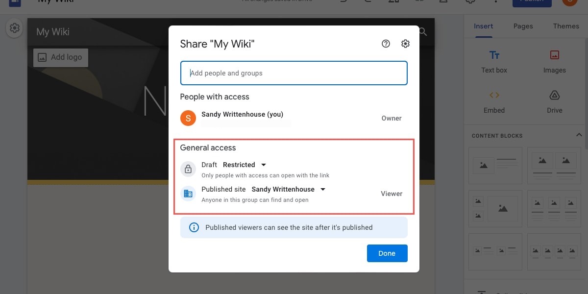 Google Sites General Access section