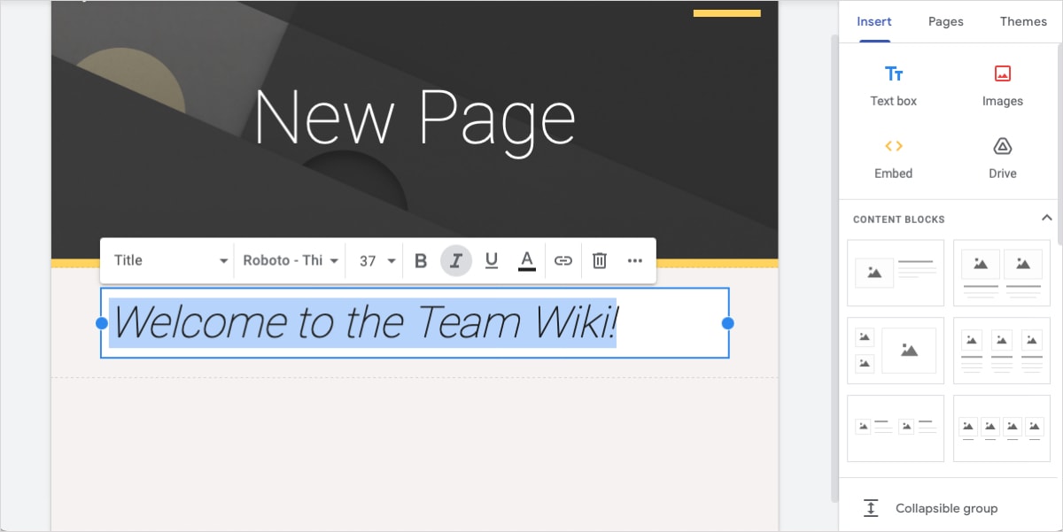 Google Sites Text Box formatted and toolbar