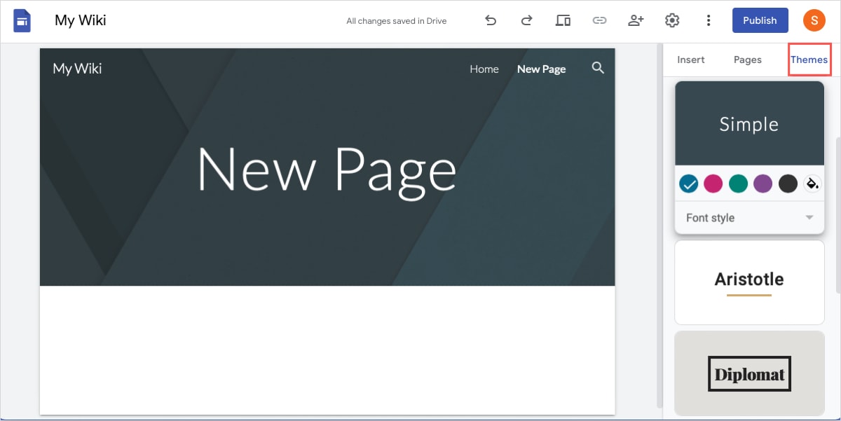 Google Sites Themes tab