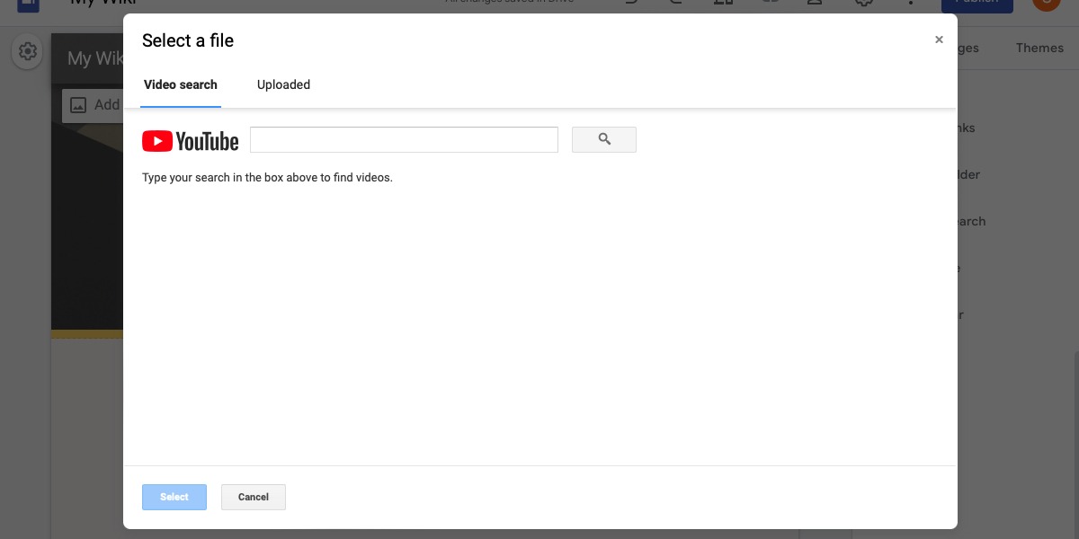 Google Sites YouTube Search tab