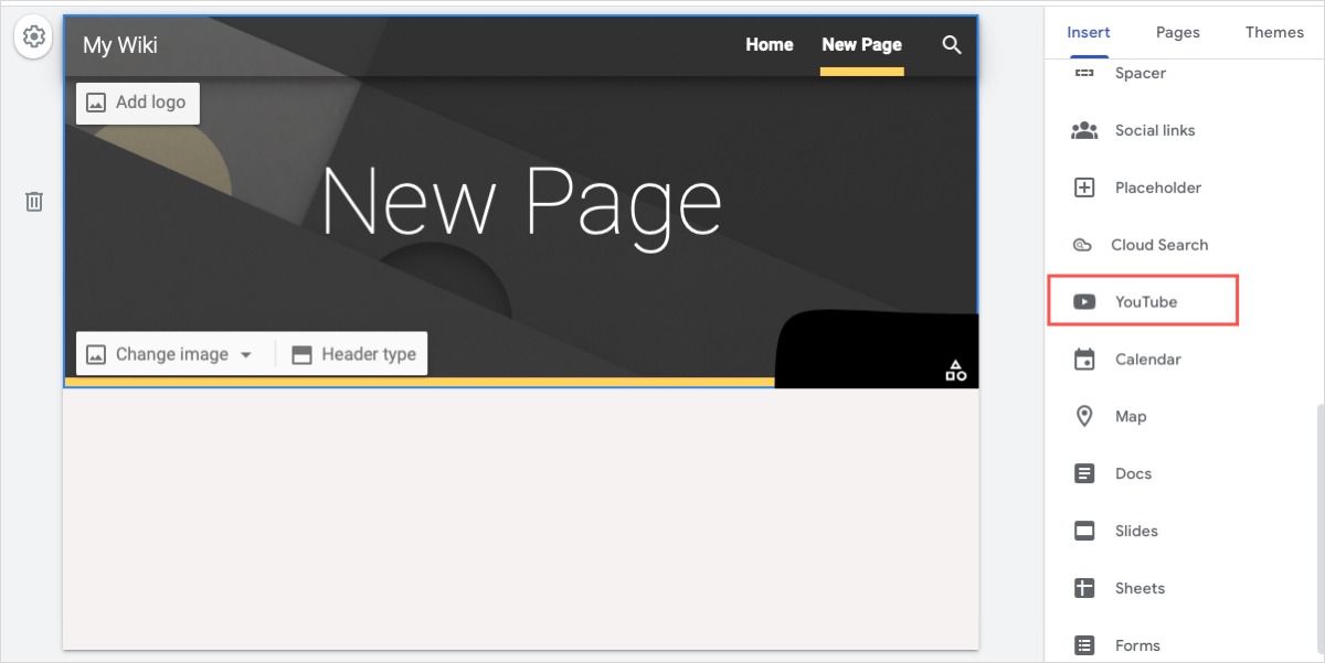 Google Sites Youtube option