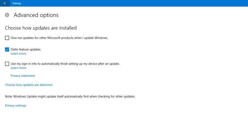 "Defer feature updates" feature in Windows 10.
