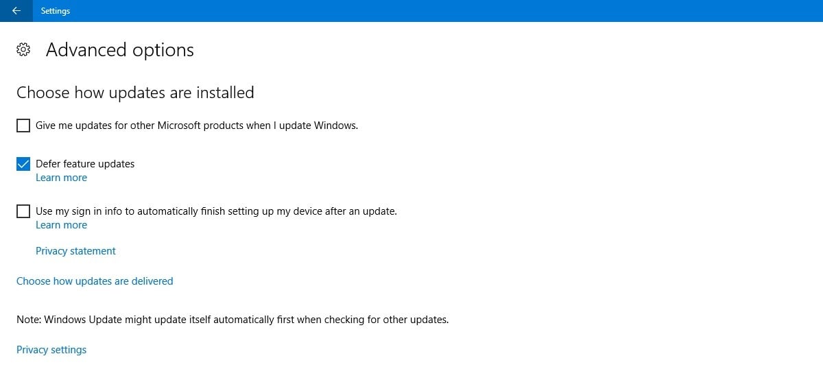 "Defer feature updates" feature in Windows 10.