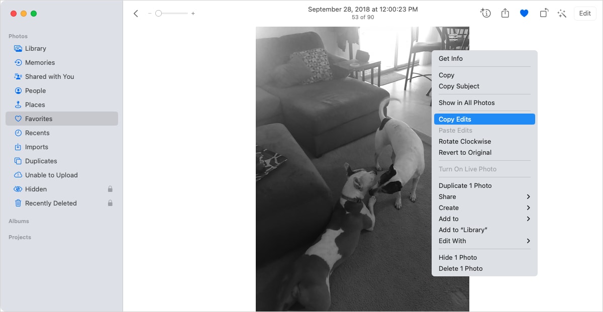 Copy Edits in the Photos shortcut menu