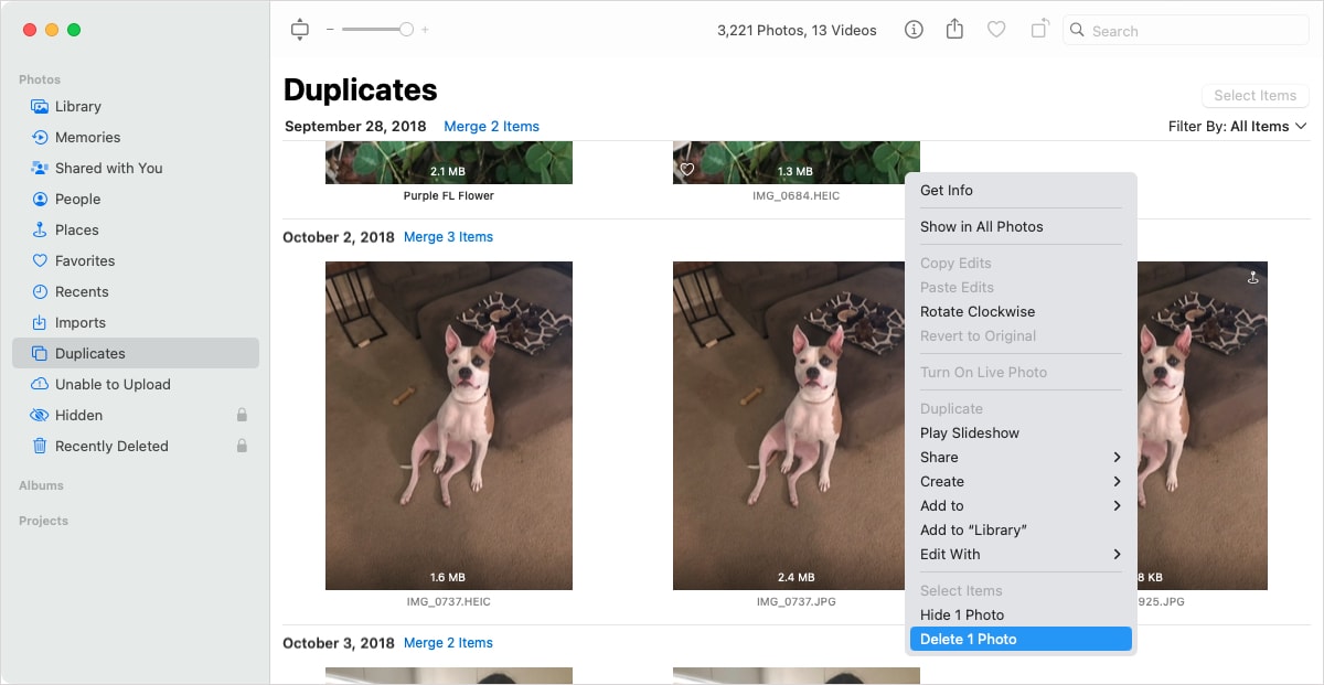 Delete 1 Photo in the shortcut menu