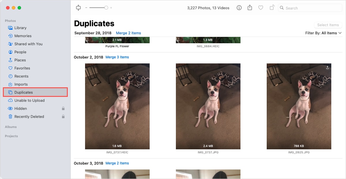 Duplicates in the Photos sidebar