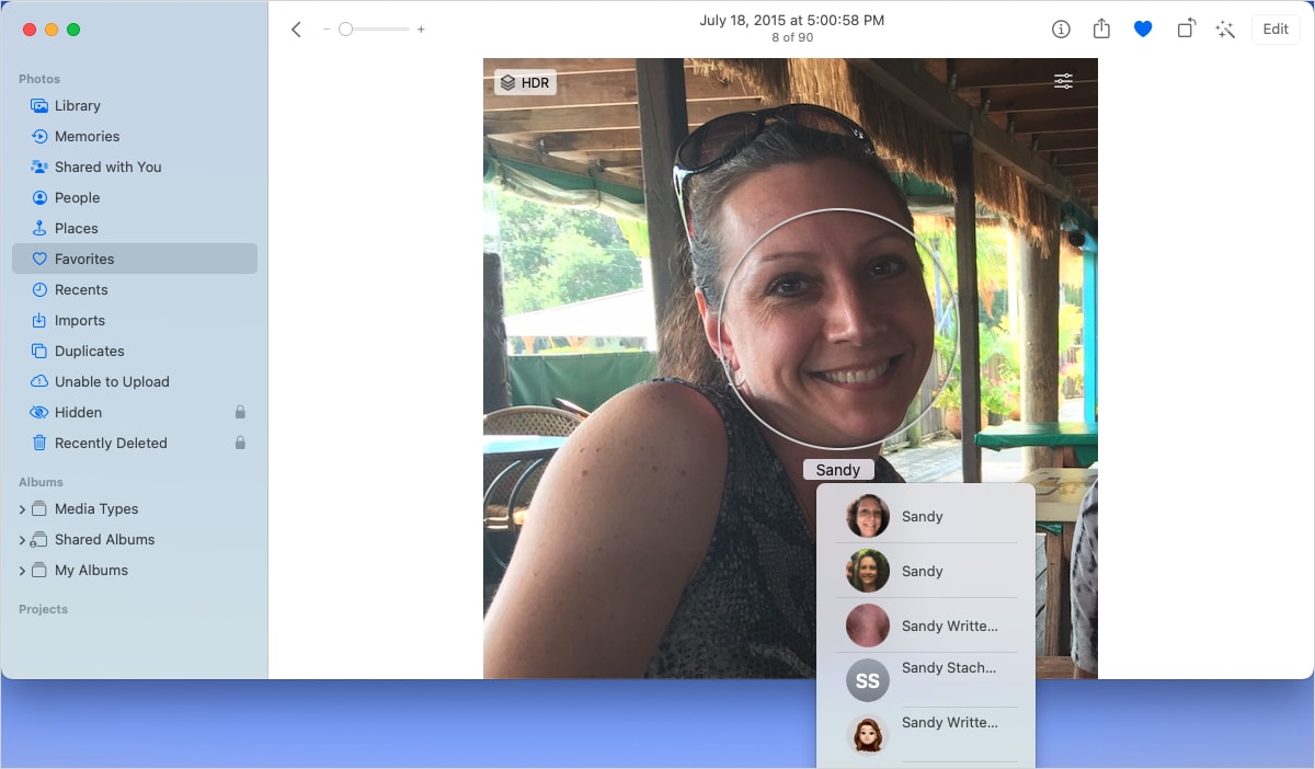 Name added to a face in Photos on Mac