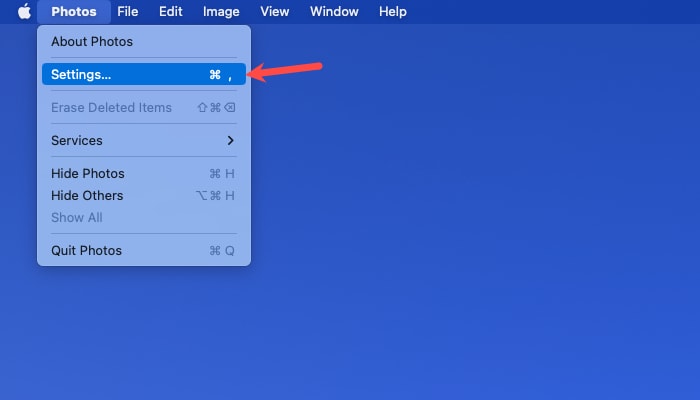 Photos Settings in the Mac menu bar