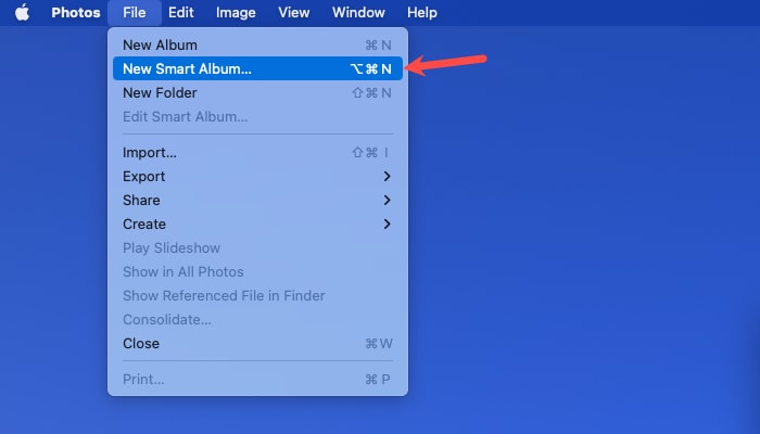 New Smart Album in the Mac menu bar
