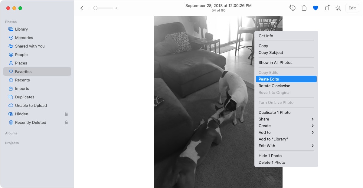 Paste Edits in the Photos shortcut menu