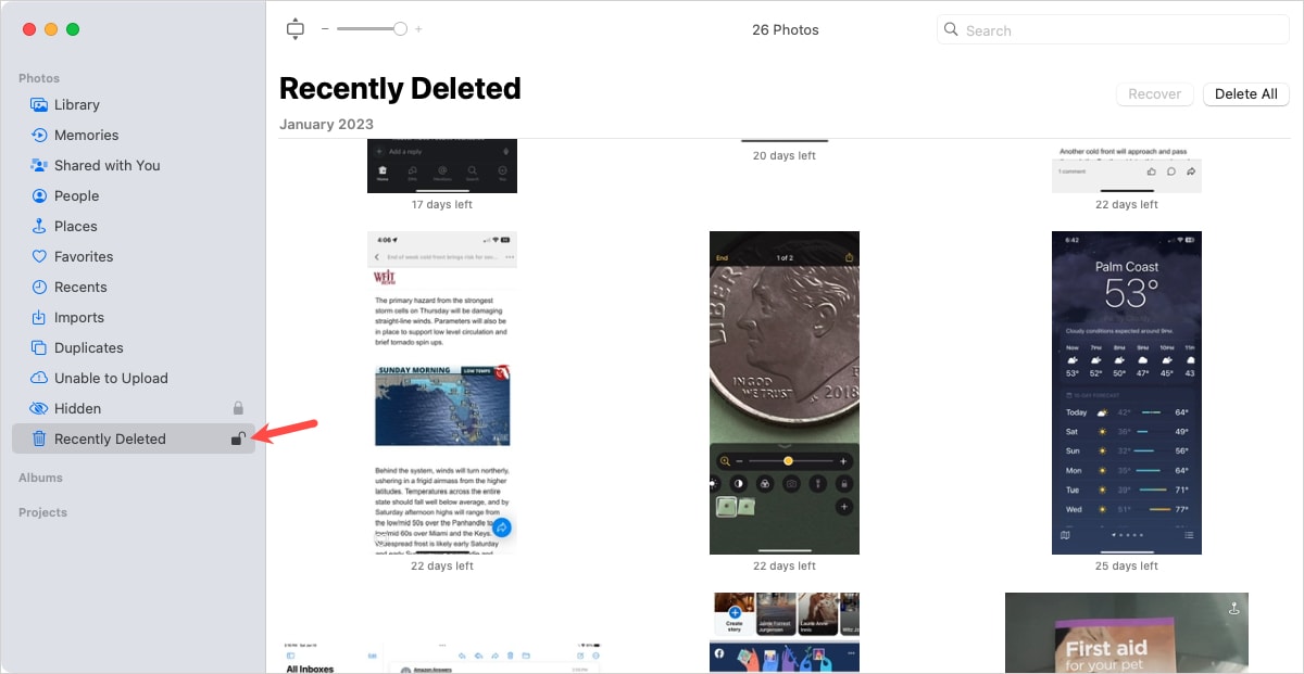 Recently Deleted padlock unlocked in Photos