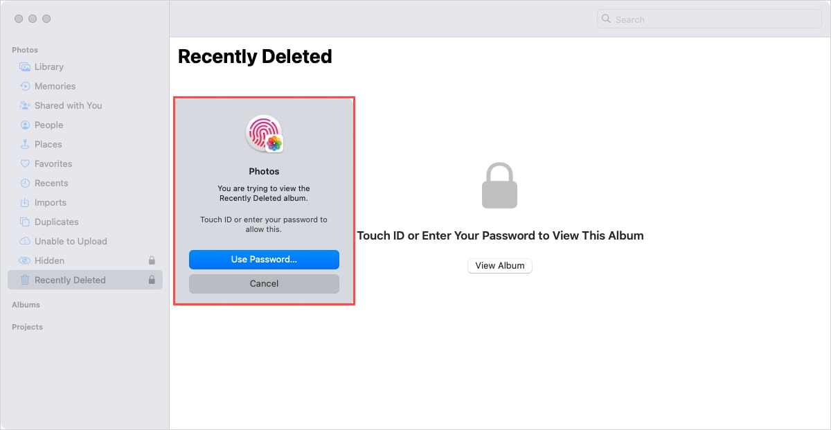 Photos Recently Deleted password prompt
