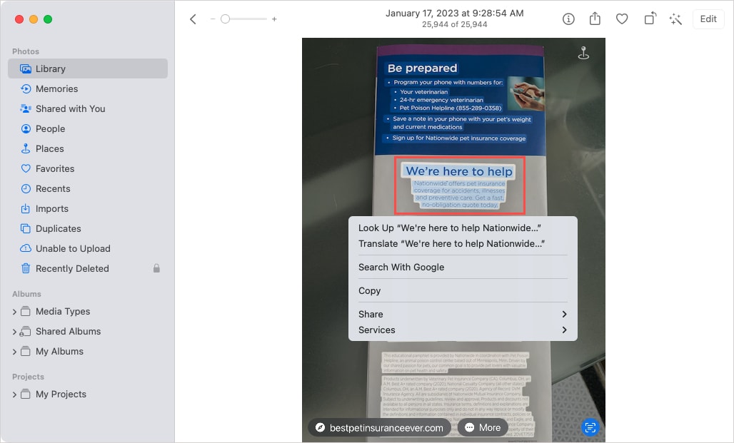 Actions for selected text for a photo on Mac