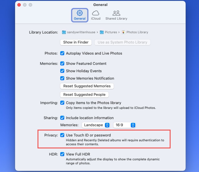 Privacy checkbox in the Photos Settings
