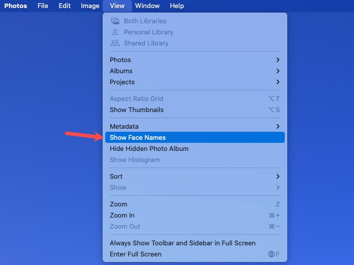 Show Face Names in the Photos menu