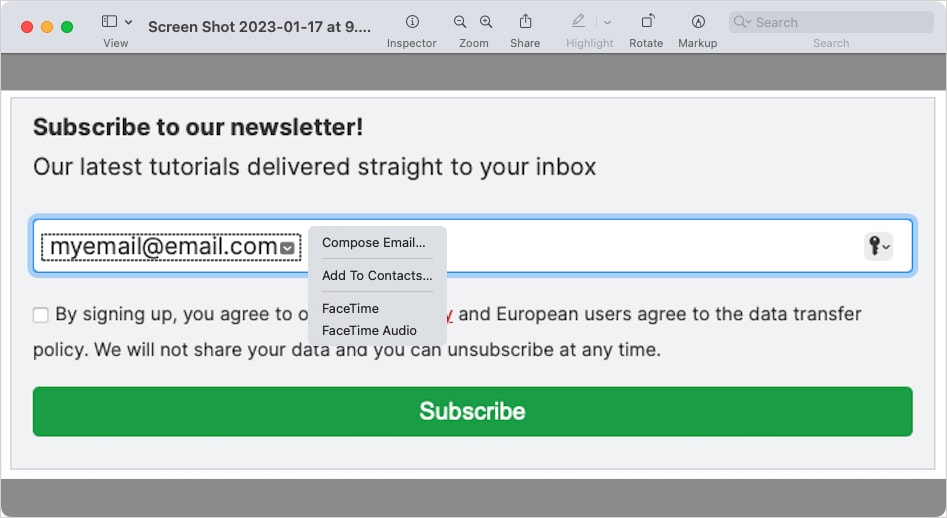 Drop-down arrow actions for text in an image in Preview on Mac