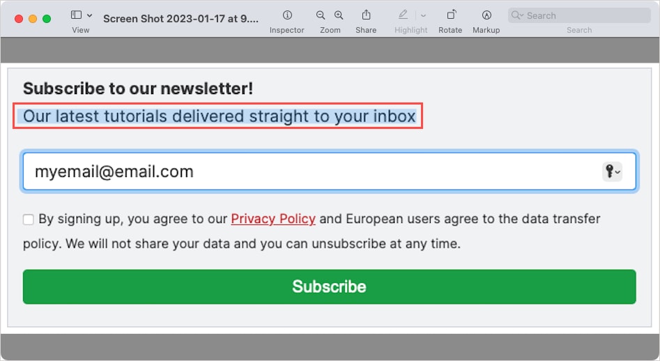 Selected text in Preview on Mac