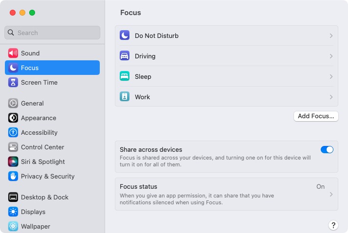 Focus in the Mac System Settings 