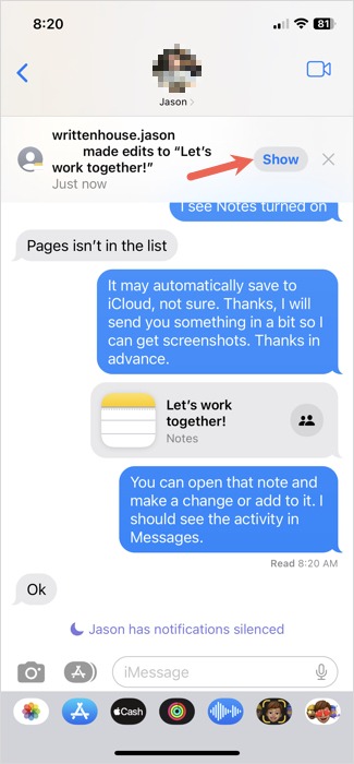 Show next to the activity in Messages