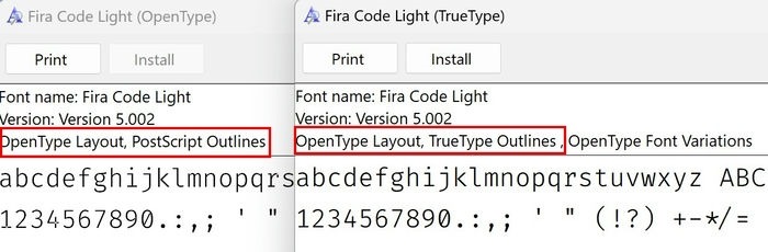 Otf Vs Ttf Fira Code Windows Font Viewer Comparison 1