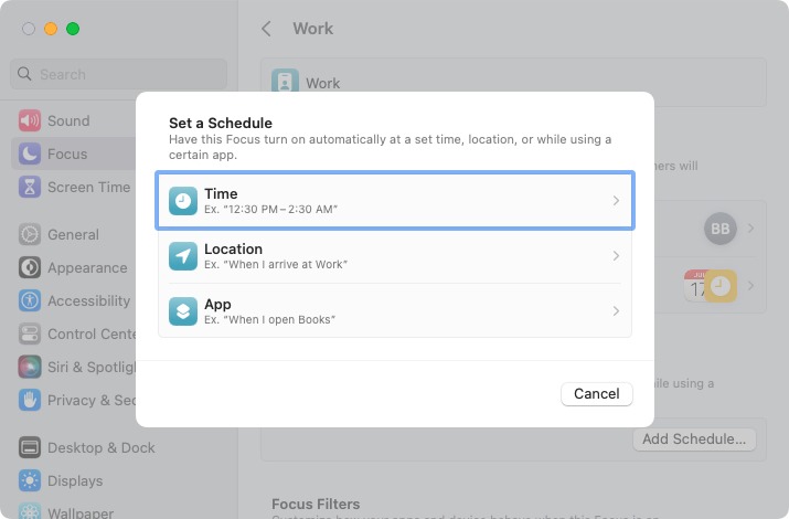 Pick the schedule type for a Focus on Mac