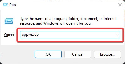 Typing "appwiz.cpl" in Run window.