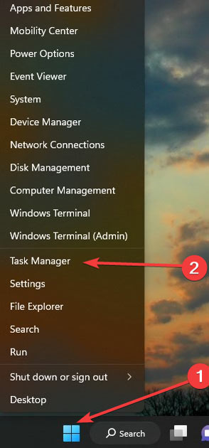 Getting to Task Manager from the Quick Menu in Windows.