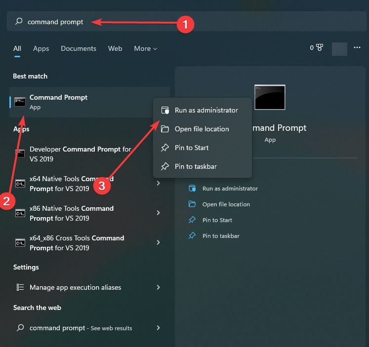Typing "Command Prompt" in Windows Search.