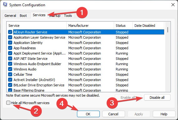 "Services" view in System Configuration window.