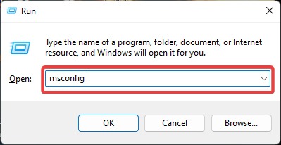 Typing "msconfig" in Run window.